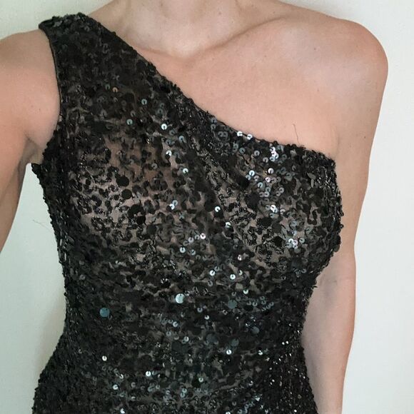 SCALA one shoulder black silk sequin mini cocktail dress side zip 6 - Picture 2 of 7